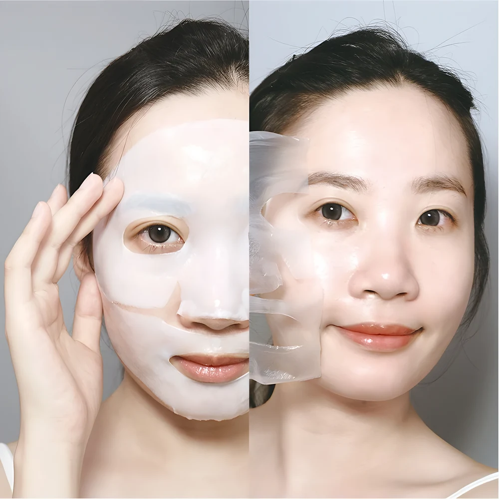 Comparativa de uso mascarilla Kara Face Mask: cambio de color blanco a transparente tras absorción y piel luminosa al retirar